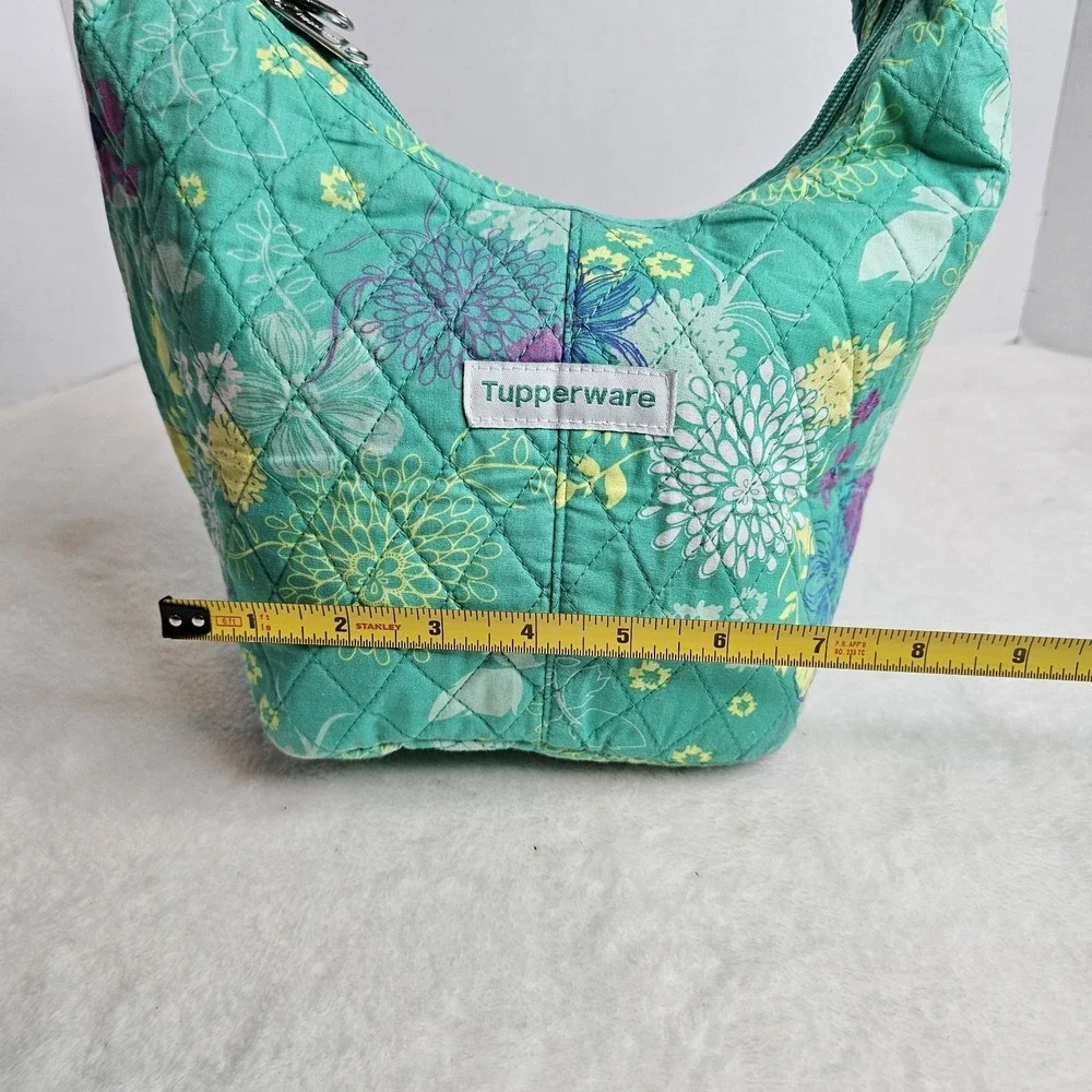 Tupperware Lunch Bag Zipper Hobo Style Green Floral Vintage Quilted